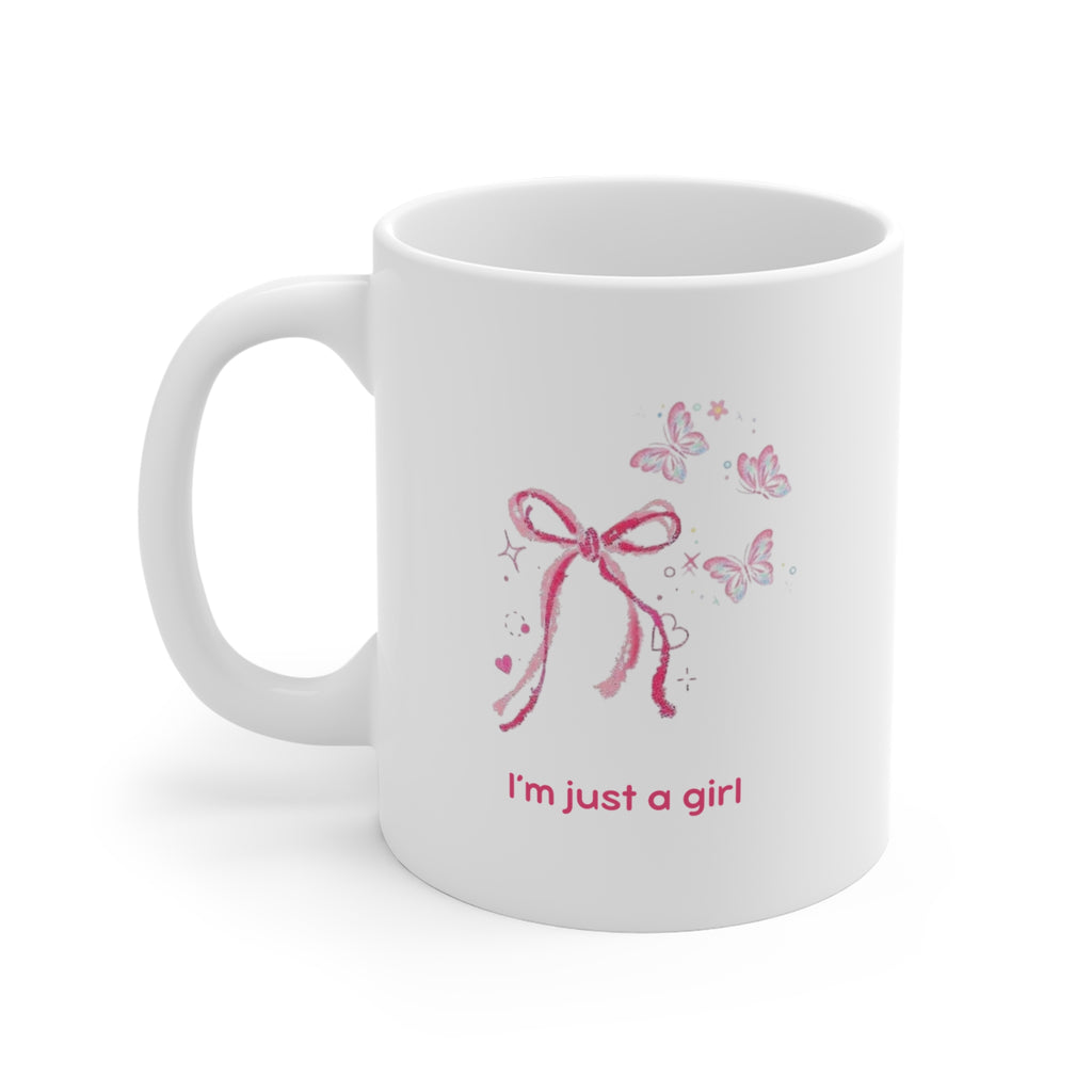 I'm Just a Girl Pink Bow Butterfly Mug — Cute Feminine 11oz Coffee Cup