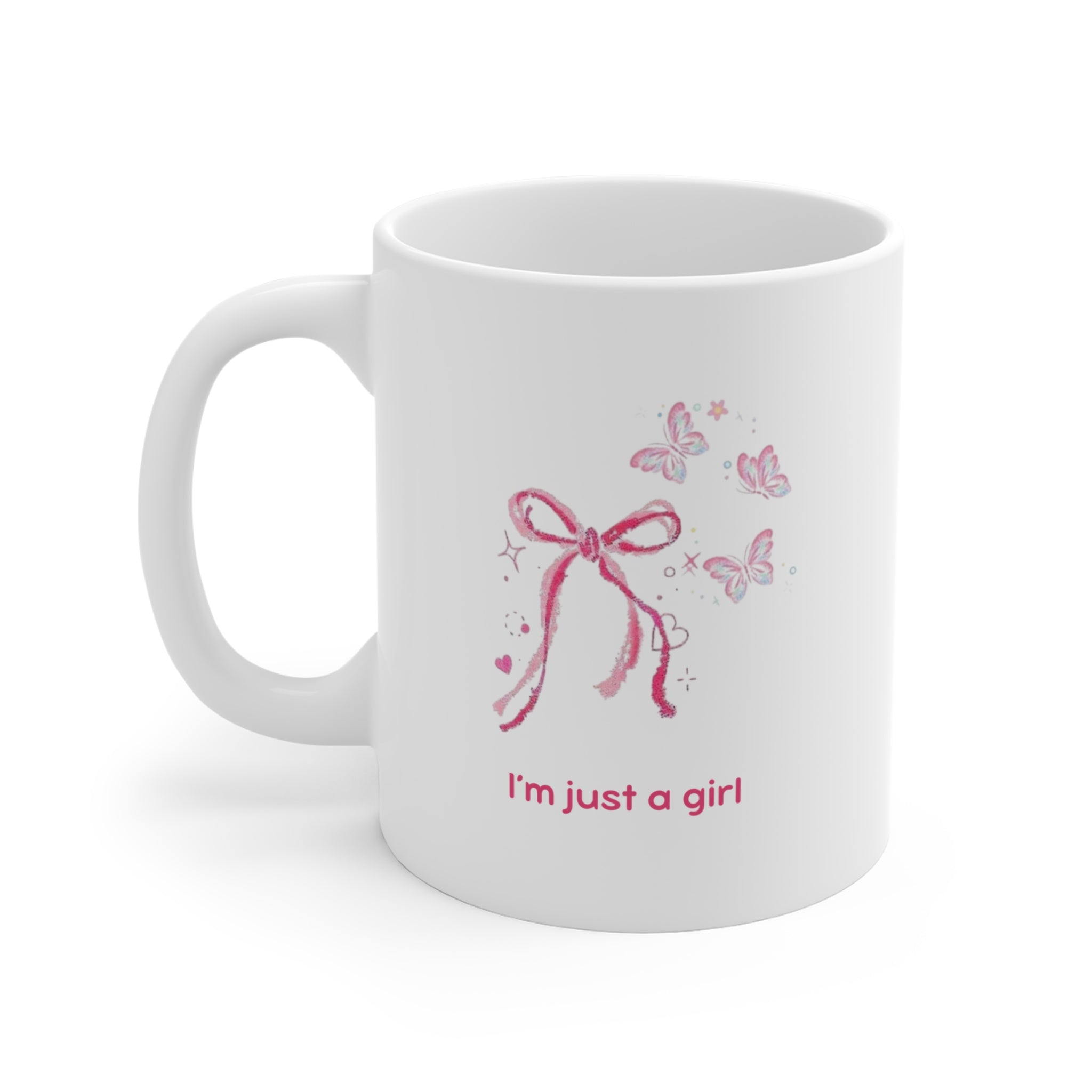 I'm Just a Girl Pink Bow Butterfly Mug — Cute Feminine 11oz Coffee Cup