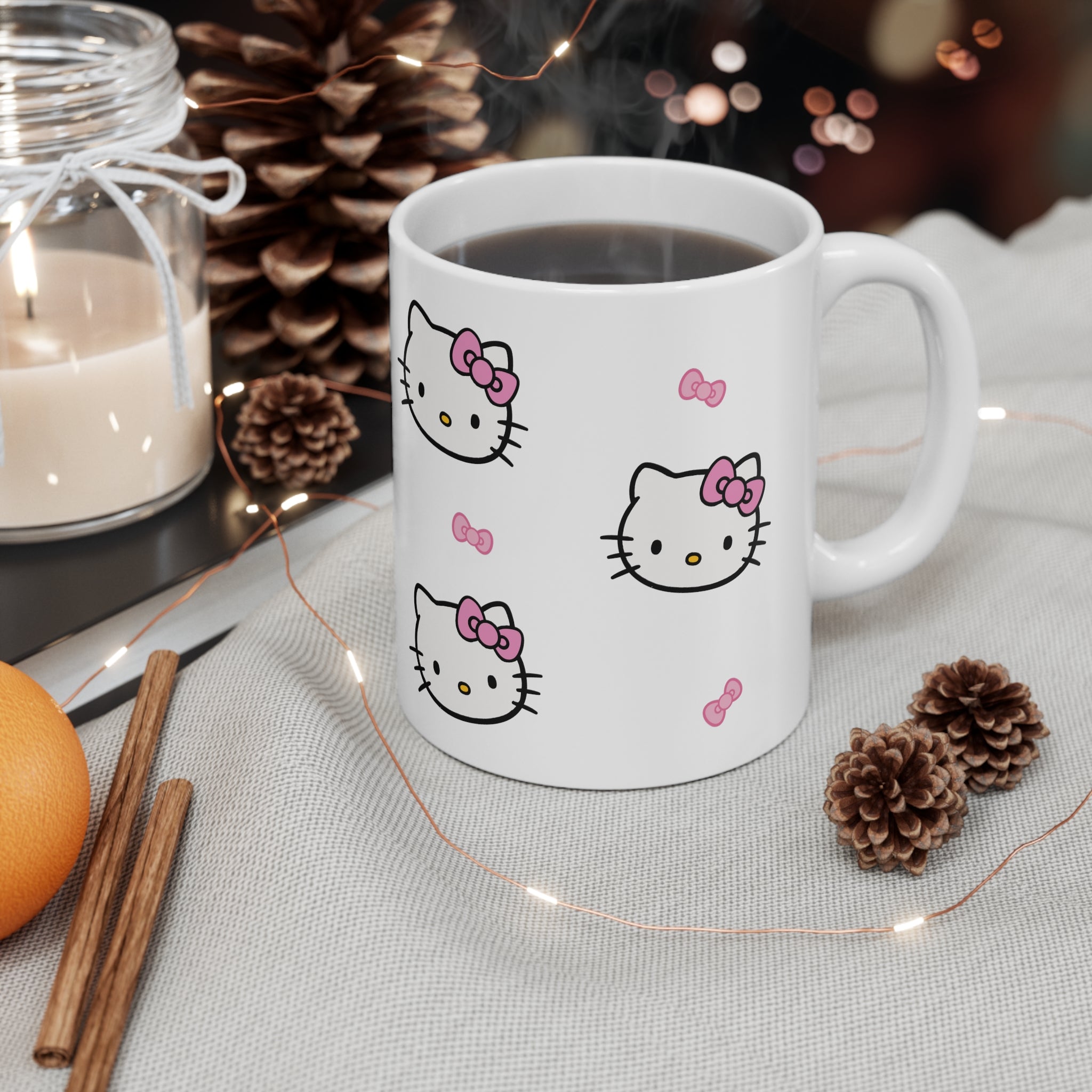 Hello Kitty Inspired Ceramic Mug — Cute Pink Bow Pattern, 11oz