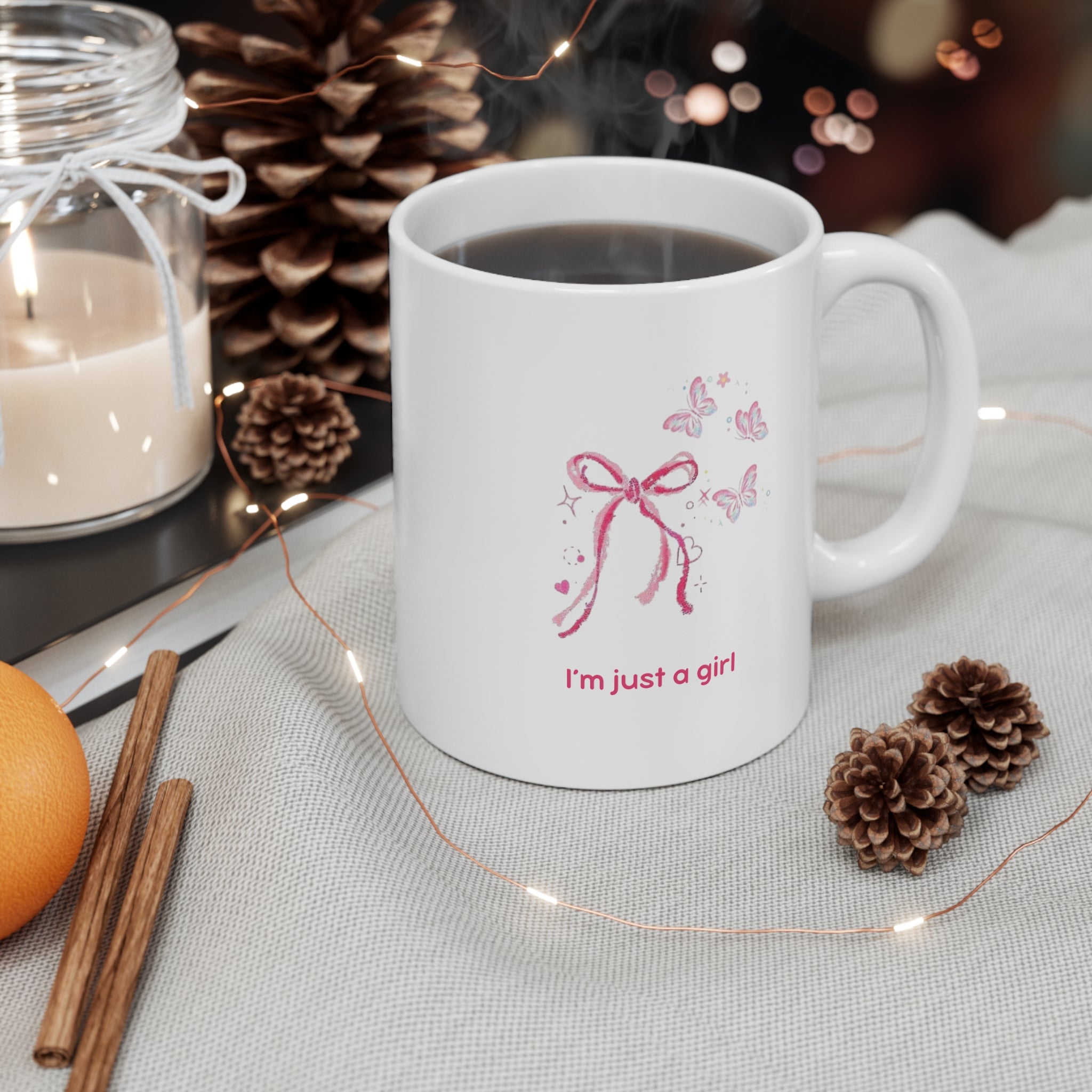 I'm Just a Girl Pink Bow Butterfly Mug — Cute Feminine 11oz Coffee Cup