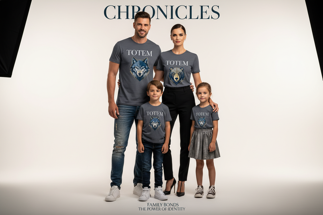 create a design that is a picture of a family wearing the same shirt, it has the word "totem" on it and the shirt has a picture of an animal on it, it must be fashionable and magazine-like