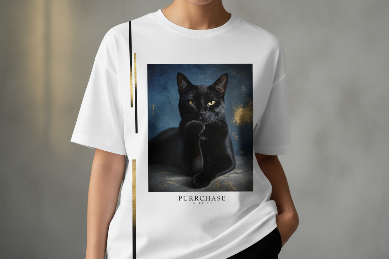create a design that is a shirt with a picture of a cat on it, it must be fashionable and magazine-like