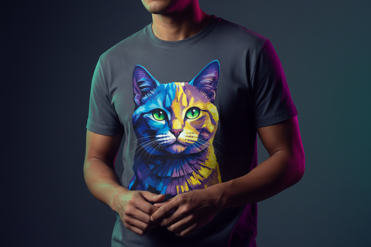The image should depict a person wearing a T-shirt with a cat design, surrounded by artistic lighting. The person should have a slightly tanned complexion, and the image should highlight the product and make the shirt stand out. The image should encompass the entire shirt, look cool, stylish, and modern.
